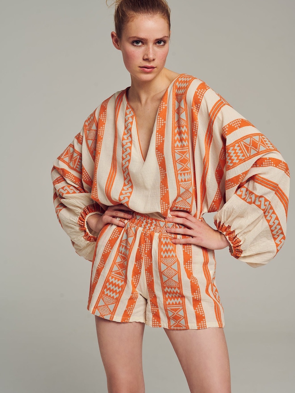 Devotion TWINS Orange and Cream Striped Boho V-Neck Tunic